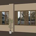 Wooden Lattice Design Casement Windows in Bright Interior With Outdoor View And Potted Plant