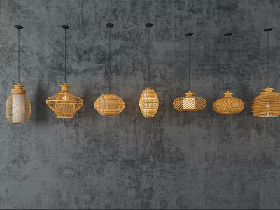Various Woven Pendant Lights In Natural Color Hanging On Textured Gray Wall 3d model