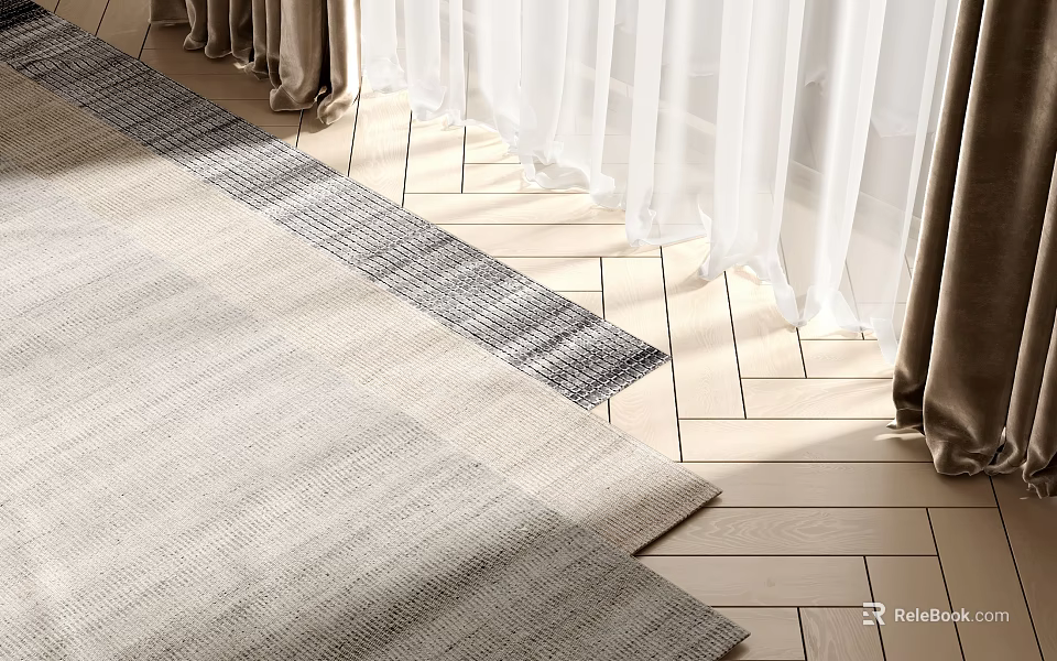 Light Gray Square Area Rug On Herringbone Wood Floor By White Curtains 3d model 