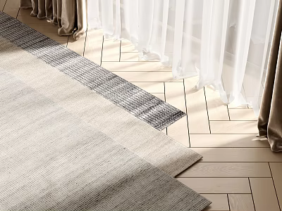 Light Gray Square Area Rug On Herringbone Wood Floor By White Curtains 3d model