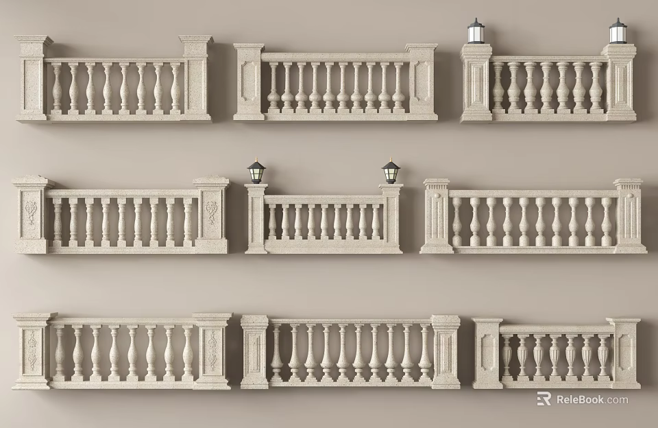 Various Stone Railings Design With Different Styles Posts And Decorative Lanterns 3d model 