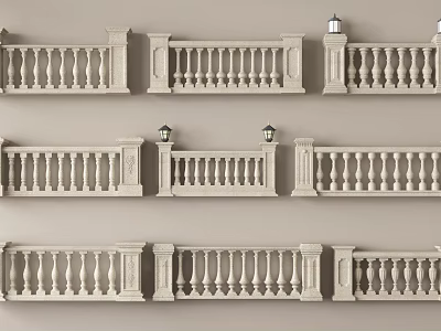 Various Stone Railings Design With Different Styles Posts And Decorative Lanterns 3d model