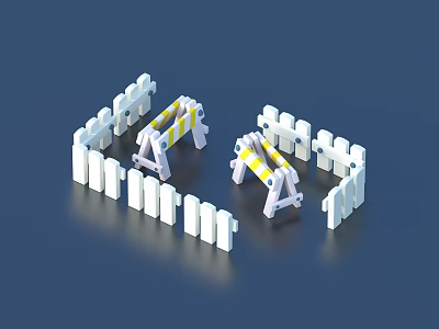 White Fences And Yellow Striped Barricades Arranged As Plastic Model Construction Barriers Set 3d model