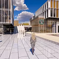 Vibrant Commercial Street Featuring Multi Story Buildings Glass Facades Plaza Greenery And Outdoor Seating