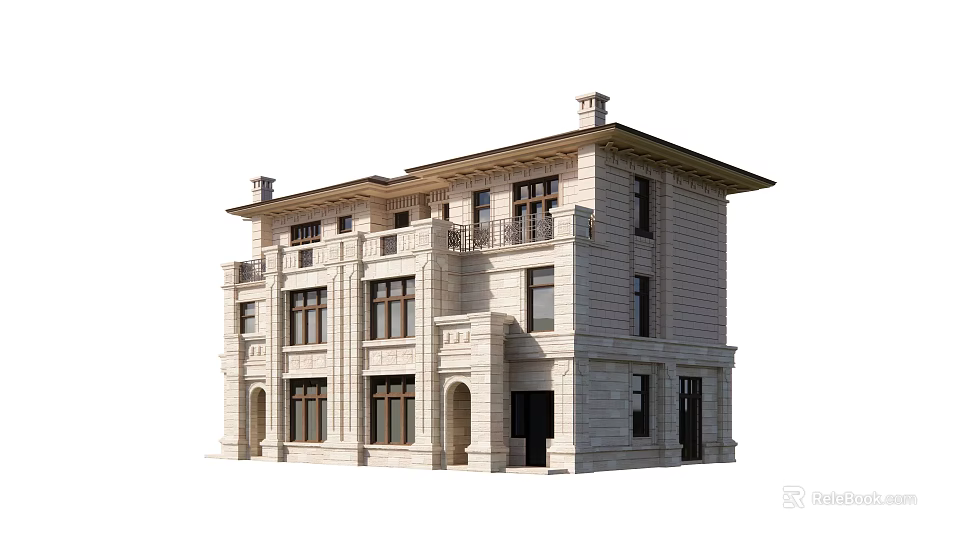 Semi Detached Villa With Stone Facade Multiple Windows Symmetrical Design And Roof Chimneys 3d model 
