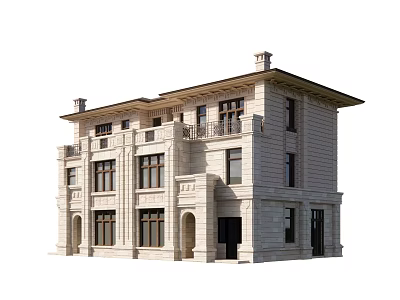 Semi Detached Villa With Stone Facade Multiple Windows Symmetrical Design And Roof Chimneys 3d model