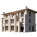 Semi Detached Villa With Stone Facade Multiple Windows Symmetrical Design And Roof Chimneys