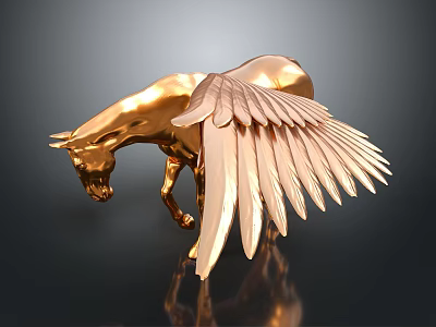 Artistic Golden Winged Horse Sculpture with Detailed Feathers and Shiny Surface 3d model