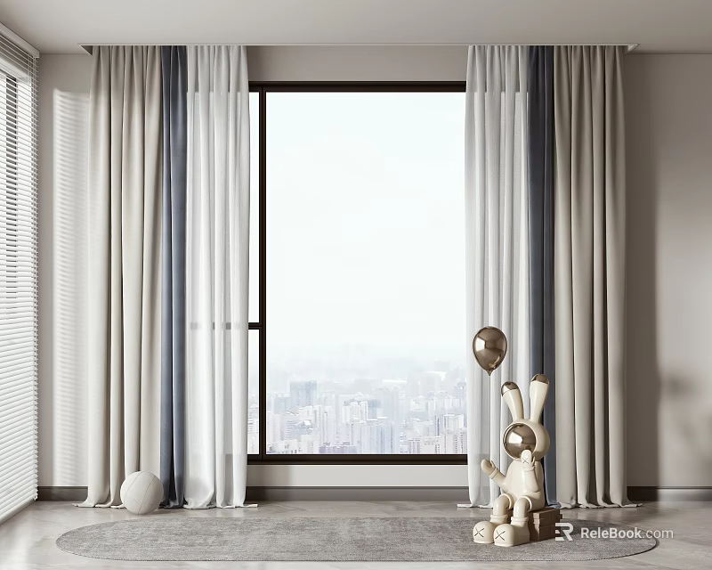 Light Colored Modern Layered Curtains For Large Window With City View 3d model 
