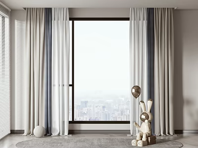 Light Colored Modern Layered Curtains For Large Window With City View 3d model