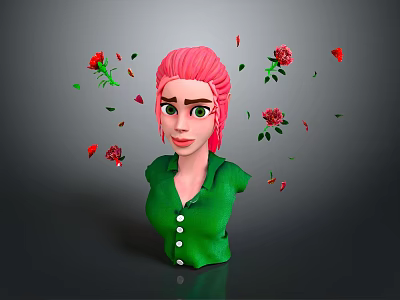 3D Female Character With Pink Hair Green Outfit And Floating Red Roses Petals 3d model