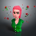3D Female Character With Pink Hair Green Outfit And Floating Red Roses Petals