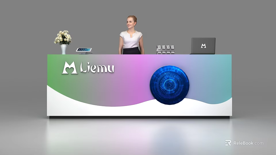 Modern Reception Desk With Miemu Logo Gradient Colors Blue Circular Decoration Laptop And Flower Arrangement 3d model 