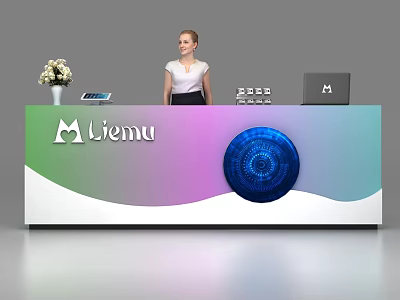 Modern Reception Desk With Miemu Logo Gradient Colors Blue Circular Decoration Laptop And Flower Arrangement 3d model
