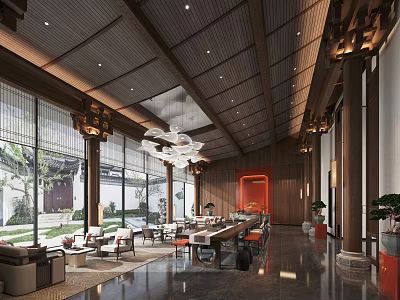 Traditional Chinese Sales Office Interior With Wooden Ceiling Chandelier Lounge Area And Sofas 3d model