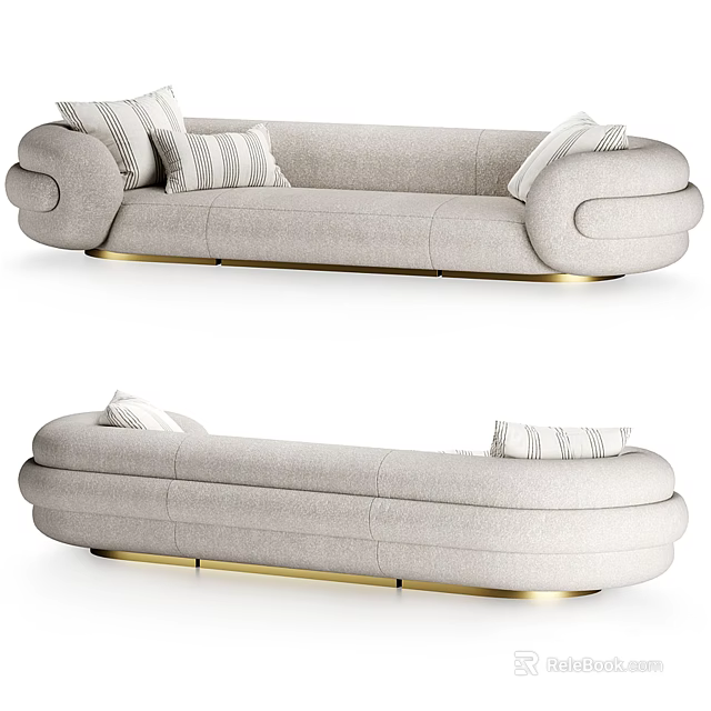 Modern Light Gray Fabric Sectional Sofa With Gold Base And Striped Pillows 3d model