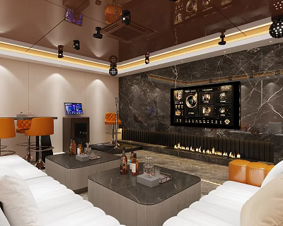 Modern KTV Lounge Interior With White Sofas Orange Cushions Marble Wall Fireplace And Bar Counter 3d model