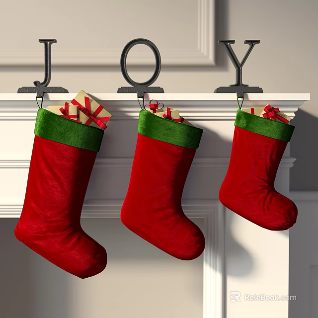 Red and Green Christmas Shoes Hanging with Joy Decorations and Gifts 3d model 