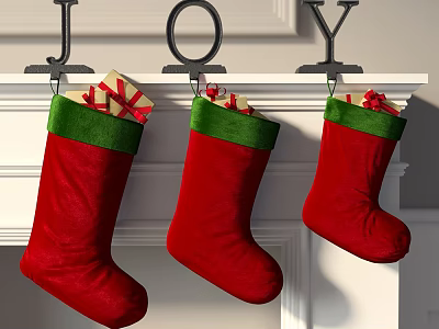 Red and Green Christmas Shoes Hanging with Joy Decorations and Gifts 3d model