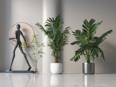 Modern Interior Decor With Potted Tropical Plants In White And Gray Pots 3d model