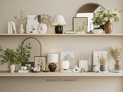 Stylish Decorative Ornaments On Shelves With Vases Table Lamp Frames And Green Plants 3d model
