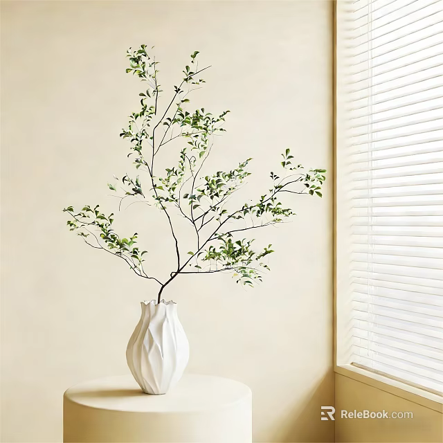 White Textured Vase With Green Leafy Branches On Table By Window Blinds 3d model 