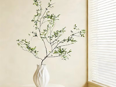White Textured Vase With Green Leafy Branches On Table By Window Blinds 3d model