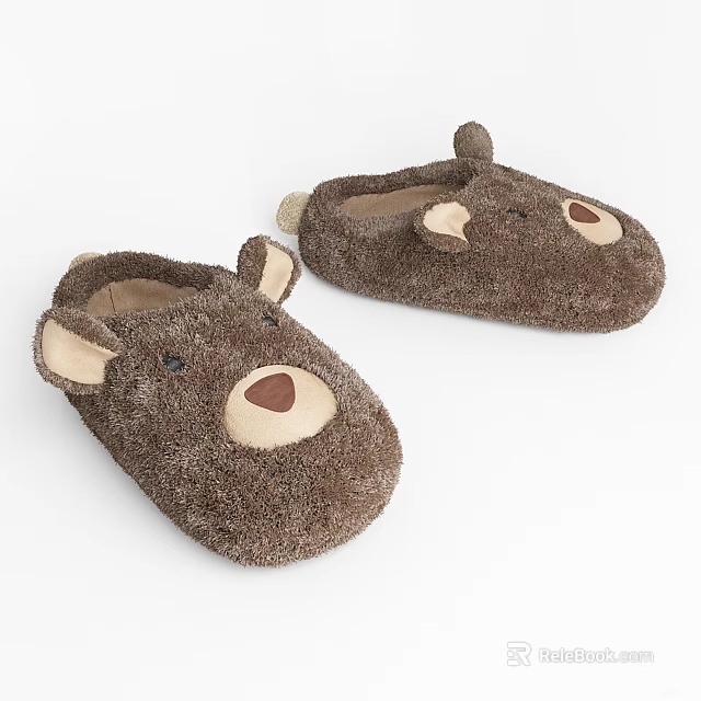 Brown Bear Shaped Plush Slippers With Soft Texture 3d model