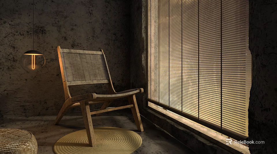 Wooden Woven Leisure Chair by Window with Bamboo Blinds Soft Light and Round Woven Rug 3d model 