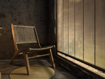 Wooden Woven Leisure Chair by Window with Bamboo Blinds Soft Light and Round Woven Rug 3d model