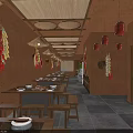Traditional Chinese Restaurant Interior with Red Lanterns Wooden Tables Benches Green Plants and Brick Walls