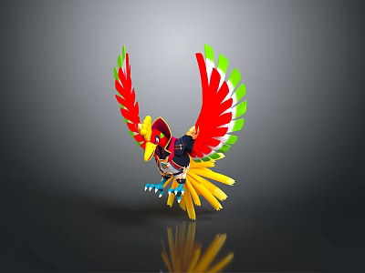 Colorful Bird With Red Green Yellow Feathers And Spread Wings Decorative Design 3d model