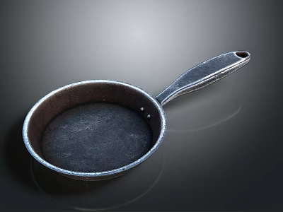 Round Frying Pan With Black Body Silver Rim Handle On Black Reflective Surface 3d model