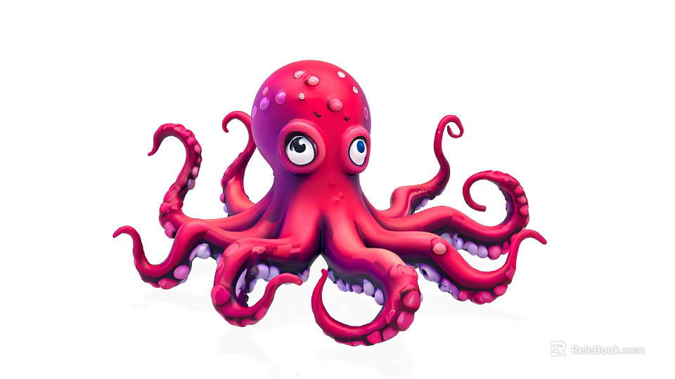 Cute Red Octopus Marine Animal With Big Eyes Curly Tentacles And Purple Suckers 3d model 