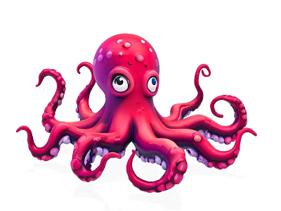 Cute Red Octopus Marine Animal With Big Eyes Curly Tentacles And Purple Suckers 3d model