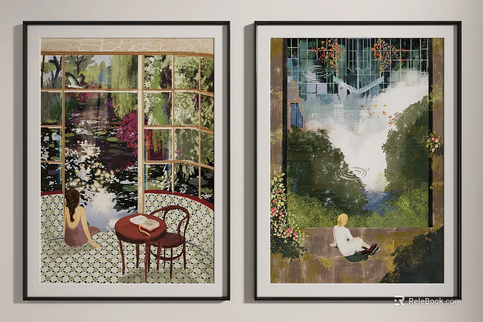 Two Art Paintings Featuring Window Scenes With Garden Pond And Waterfall 3d model 