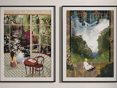 Two Art Paintings Featuring Window Scenes With Garden Pond And Waterfall 3d model