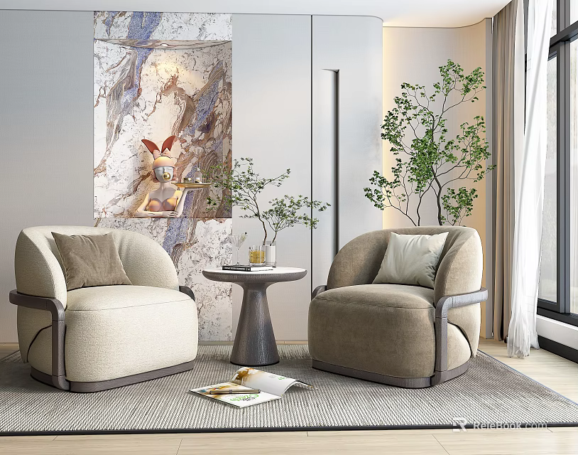 Beige Brown Casual Sofa Set With Two Armchairs Side Table And Green Plant 3d model 