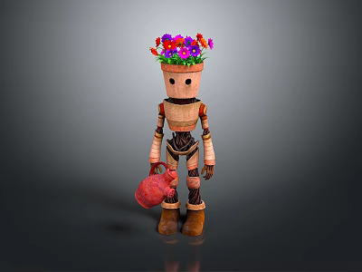 Cute Pot Plant Headed Robot Character With Colorful Flowers And Watering Can 3d model