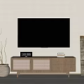 Wooden TV Stand With Wall Mounted TV And Decorative Potted Plant