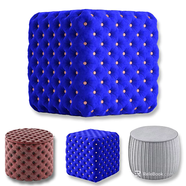 Blue Velvet Tufted Ottoman With Gold Buttons And Various Color Options 3d model 