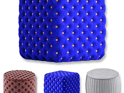 Blue Velvet Tufted Ottoman With Gold Buttons And Various Color Options 3d model