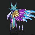 Fantasy Game Movie Character With Blue Hair Cat Ears Purple Blue Outfit Blue Cape And Weapons