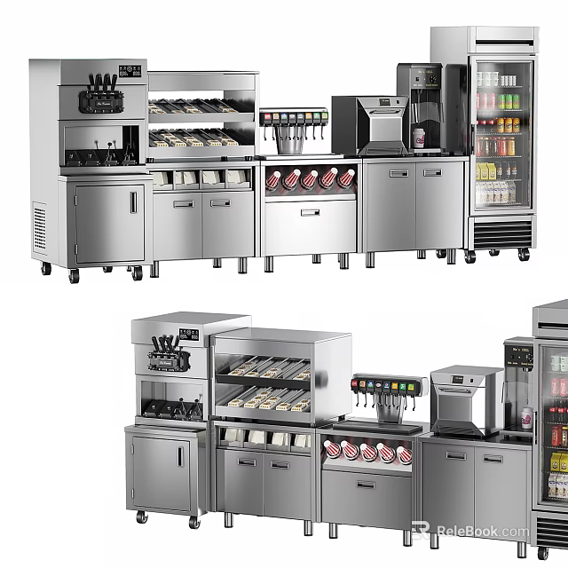 Commercial Kitchen Equipment Stainless Steel Units Including Ice Cream Machines Beverage Dispensers And Refrigerators 3d model 