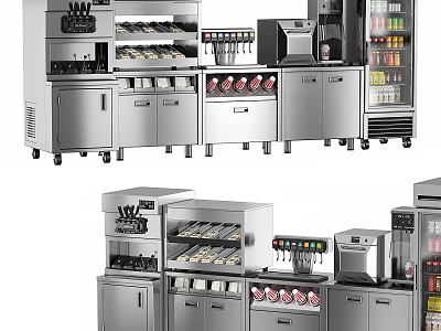 Commercial Kitchen Equipment Stainless Steel Units Including Ice Cream Machines Beverage Dispensers And Refrigerators 3d model