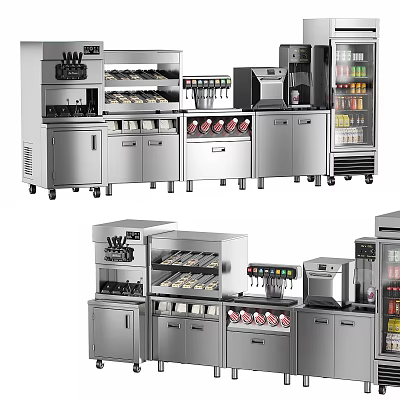 Commercial Kitchen Equipment Stainless Steel Units Including Ice Cream Machines Beverage Dispensers And Refrigerators 3d model