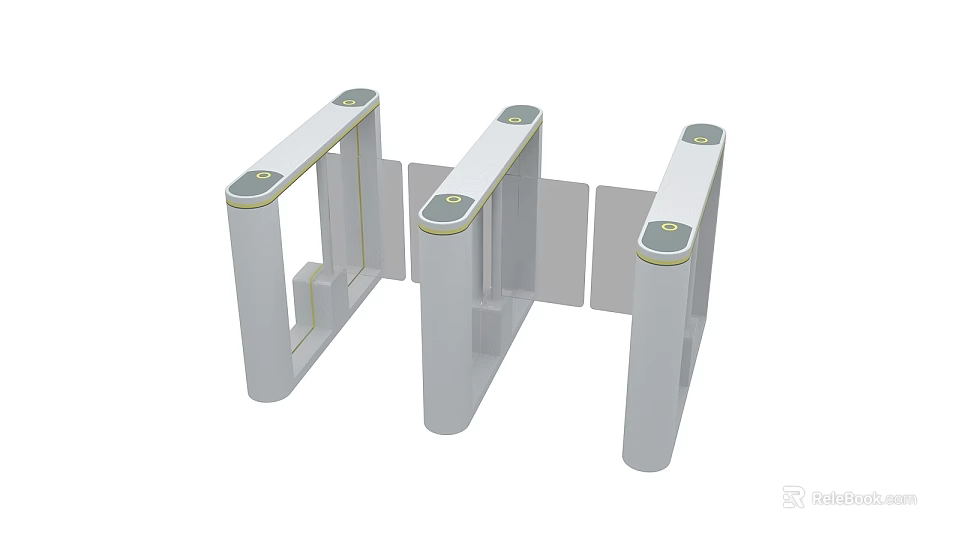 Three White Public Facility Turnstiles With Vertical Pillars And Round Indicators 3d model
