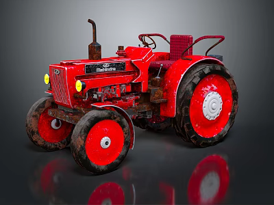 Red Vintage Tractor With Large Wheels And Red Seat On Dark Background 3d model