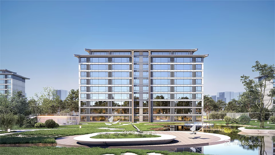 Modern Glass Facade Building With Multiple Floors Landscaped Garden Water Feature And Greenery 3d model 