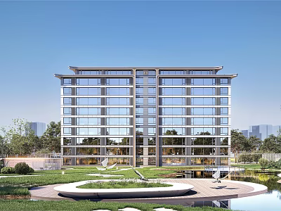 Modern Glass Facade Building With Multiple Floors Landscaped Garden Water Feature And Greenery 3d model